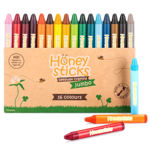 Honeysticks Ceras de Colores Jumbo de 100% Pura Cera de Abeja Natural – 16 Lápices de Cera de Grado Alimentario, Sostenibles, No Tóxicos, Hechos en Nueva Zelanda – Crayones Fáciles de Sujetar y Usar