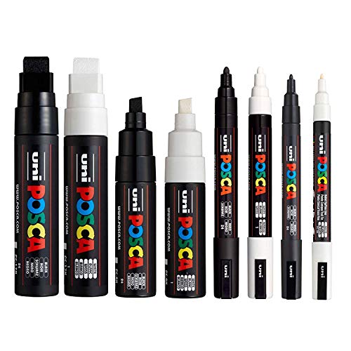 Posca Negro Blanco - Mediano a Ancha Conjunto de 8 Bolígrafos (PC-17K, PC-8K, PC-5M, PC-3M)