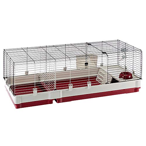 Ferplast Jaula para conejos Krolik 140 cobayas y animales pequeños, en kit de montaje, extensión separable mediante rejilla metálica, accesorios incluidos, 142 x 60 x 50 cm, color burdeos