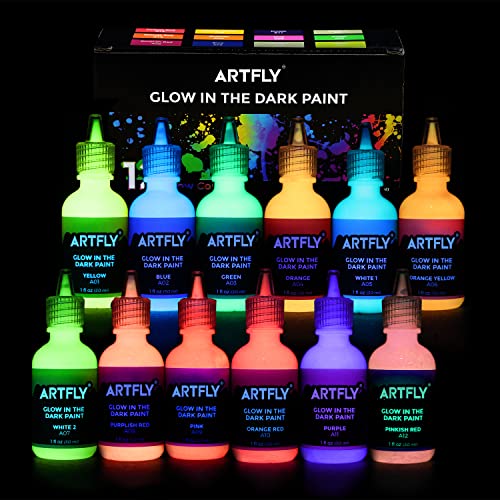 ARTFLY Glow in The Dark el juego de pintura brillante, contiene 12 colores de 30ml/1oz Glow in the Dark, con pigmentos ricos, perfecta para pintura de arte, proyectos de DIY y decolarciones festivales