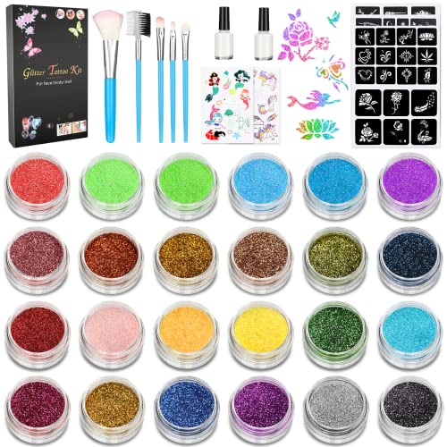 Wodovia Tatuajes Purpurina, 24 Colores Kit de Tatuajes Purpurina Temporales Impermeable y no tóxico con 78 Plantillas, 5 pinceles, 2 pegamentos, Regalos para Niños Niñas Adultos Fiesta