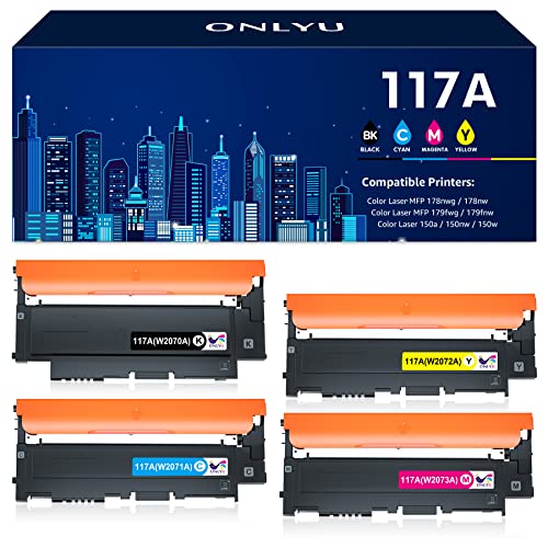 ONLYU 117A 4-Pack Compatible HP 117A Cartucho de Toner para Impresoras Color Laser 150nw 150a MFP 178nw 179fnw 178nwg 179fwg W2070A W2071A W2072A W2073A HP117A (Negro Cian Amarillo Magenta)