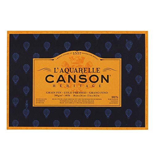 Canson Bloc Encolado a 4 Lados, 18x26 cm, 20 Hojas, Canson Héritage 100% Algodón, Grano Fino 300g