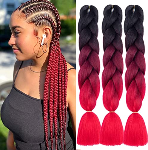 Colorfulpanda Kanekalon Extensiones Para Trenzas,Pelo Para Trenzas Africanas,3Pcs Pelo Sintetico Para Trenzas Omber Jumbo Braiding Hair Extensiones Trenzas Africanas,Negro-rojo oscuro-rojo