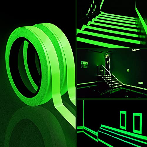 2 Rollo Cinta Adhesiva Luminosa, 10m x 1cm Reflectante Verde, Pegatina de Cinta Fluorescente, Impermeable Cinta de Seguridad en La Oscuridad para Escaleras Bicicleta Mesa