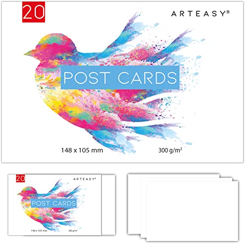 Arteasy® Tarjetas postales de acuarela – Juego de 20 tarjetas postales en formato A6 para personalizar – Papel de acuarela en 300 g para dibujar y pintar al agua – Tarjetas en blanco