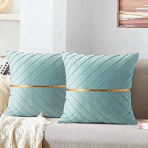 Funda de Cojín Decorativo Agua Azul Claro Verde Azulado Terciopelo Dorado 45x45 cm Sofá Fundas de almohada Suaves para Sala de Estar Dormitorio Coche Hogar Silla Patio Cortijo Oficina Juego de 2