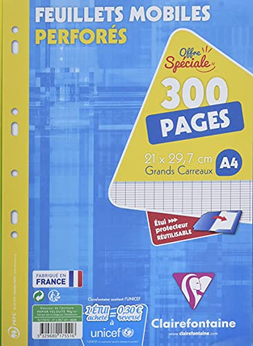 Clairefontaine, 17551C, Hojas sueltas perforadas, A4 (21 x 29,7 cm), 300 páginas, Interior: Cuadrados grandes, Papel Clairefontaine blanco 90 gr