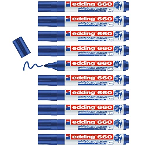 edding 660 marcador para pizarras blancas - azul - 10 rotuladores - punta redonda 1,5-3 mm - rotulador para pizarra blanca, borrado en seco - pizarra blanca, flipchart, tablón de notas - recargable