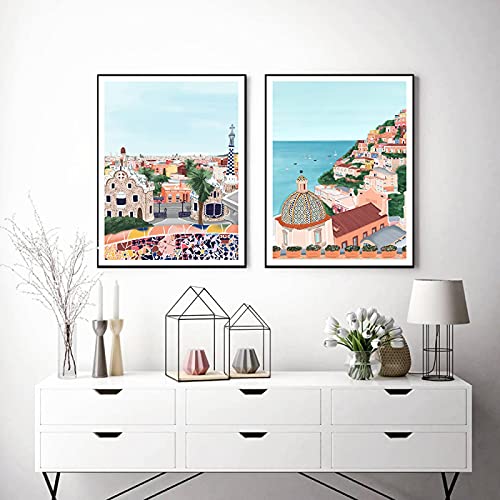 weiling Lienzo de arte de pared de la Costa de Amalfi, póster italiano de la ciudad de Barcelona, ​​impresión nórdica, imagen moderna, decoración del hogar para sala de estar-40x60cmx2 sin marco