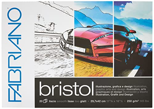 Honsell Fabriano Bristol 19002942 - Bloc DIN A3 (250 g/m², 20 hojas, superficie ultra lisa, muy resistente al borrado), ideal para ilustraciones, gráficos y diseños