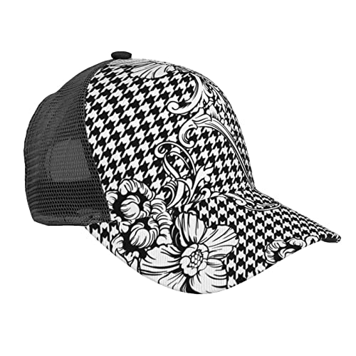Gorra de béisbol para hombres y mujeres, gorra de malla de verano, gorra de camionero para papá, color negro, flor barroca de cuadros blanco y negro