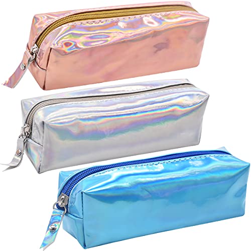 Estuche para lápices láser-Tomicy 3 Piezas Bolsa Cosmética Iridiscente con Cremallera, Bolsa de Almacenamiento de Papelería Escolar de Color Sólido Lindo Estuche para lápices