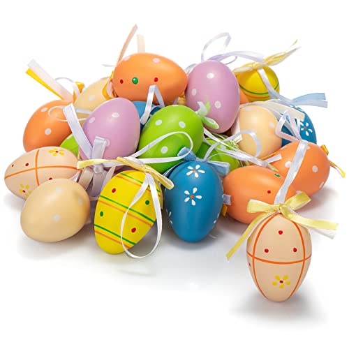 com-four® 24x Huevos de Pascua Pintados a Mano para Colgar - Decoraciones de Pascua con Grandes Patrones - Huevos de Pascua de plástico - Tamaño: 6 cm (Colores de Pascua - Colorido)