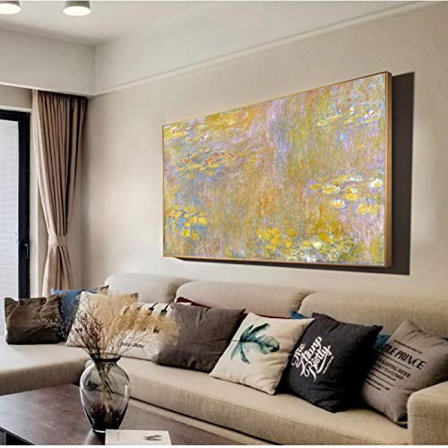 KDXAOBEI Reproducciones de pinturas de paisajes en la pared Impresionista Monet Nenúfares Flores Arte de la pared Cuadros en lienzo 60x120cm (24x47in) con marco dorado