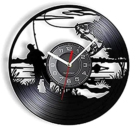 Reloj de Pared Redondo de 12 Pulgadas Reloj de Pared de Pesca de lubina Hecho de Disco de Vinilo Real Big Fish Bite Línea de Pesca Relojes de Pared Que no Hacen tictac Pescador Regalo Decorativo