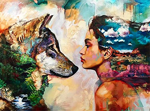 YEESAM ART Artística de lobo y niña, paisaje para pintar por números adultos, 40 x 50 cm, pintura al óleo, pintura al óleo, arte de pared (lobo, sin marco)