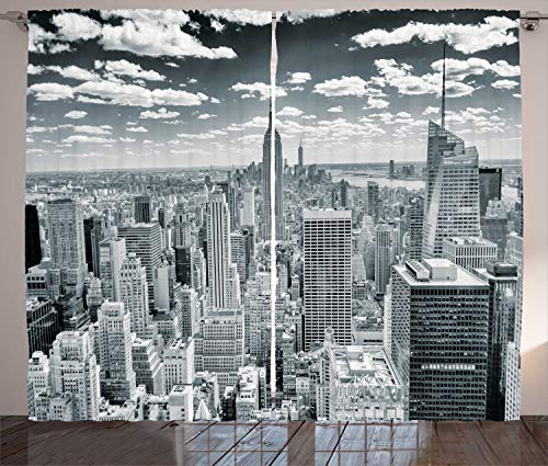 ABAKUHAUS Nueva York Cortinas, Paisaje Urbano de Manhattan, Sala de Estar Dormitorio Cortinas Ventana Set de Dos Paños, 280 x 225 cm, Gris