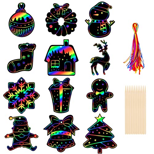 Kiiwah 36 Scratch Art para Niños, Navidad Papel de Rascar Manualidades Rainbow Hojas de Rascar DIY Navidad decoración Navidad Fiesta de Regalo