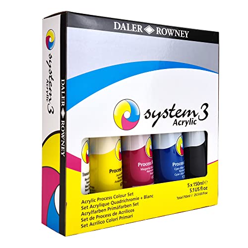 Daler Rowney System3, Tubos de plástico, 150ml, Caja de cartón, Set de Proceso, 5 Colores Surtidos