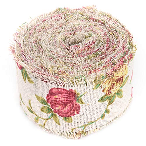 Arpillera rústica, cinta de arpillera de flores de rosa impresa en bricolaje, decoración de tela de boda con correa de cinturón de yute de arpillera - 10m