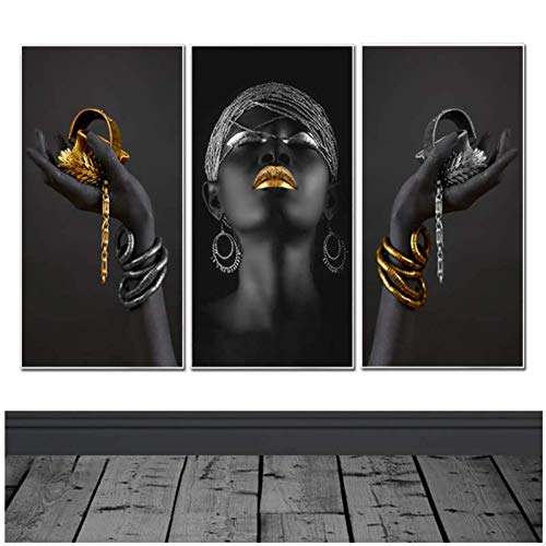 Arte africano Mujer negra con joyas doradas Pintura de pared Carteles e impresiones Arte de pared Cuadro en lienzo para decoración de habitaciones 70x140cm (28 × 55in)