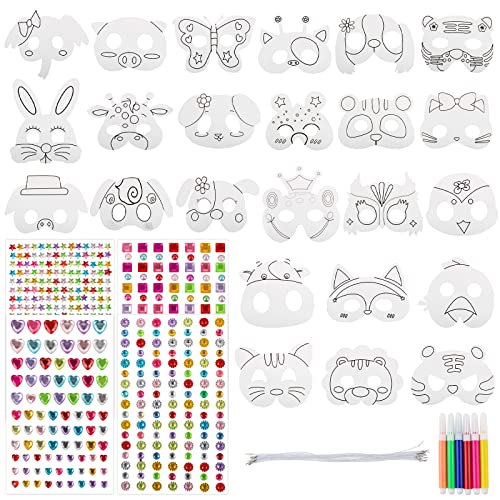 COLOFALLA 24pcs Máscaras Animales para Colorear con Pluma de Acuarela + 4 hjoas Diamantes Autoadhesivas para Infantiles Carnaval Regalo Fiesta Cumpleaños