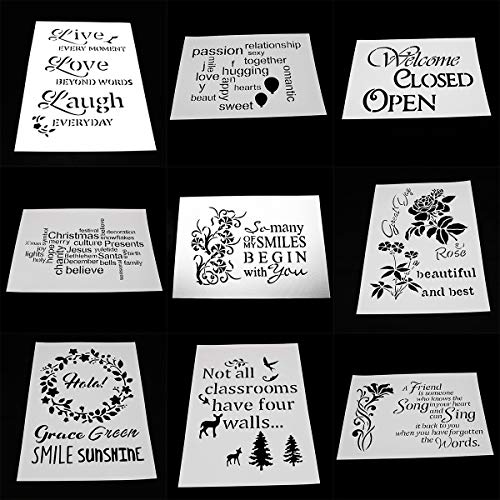 BLUGUL 9pcs A4 Plantillas de Dibujo, para Manualidades Decoración Pared Mueble Ventana Aerógrafo, con Varias Palabras y Oraciones