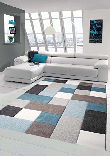 Alfombra alfombra diseñador contemporáneo alfombra de la sala alfombra de pelo bajo con el patrón de contorno de corte de diamante con colores pastel turquesa Crema Beige Gris Größe 200 x 290 cm