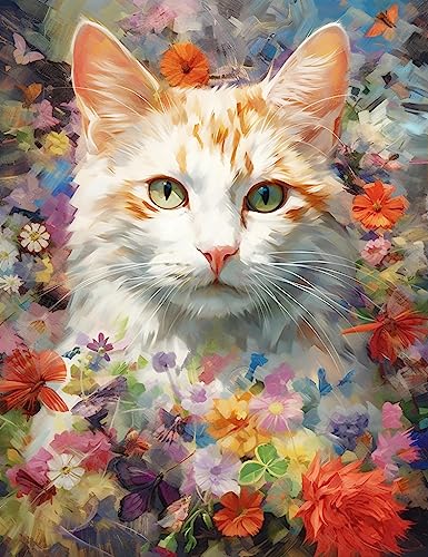RHINRS DIY Pintar por números gato en las flores pintar por numeros gato Con kits de pincel y pintura acrílica Tema Arte digital de pared para el hogar Adecuado para la50x70cm(Sin marco)