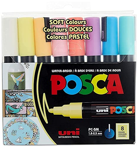 Uni Posca Rotuladores de pintura, colores suaves, juego de 8, punta media, 2,5 mm