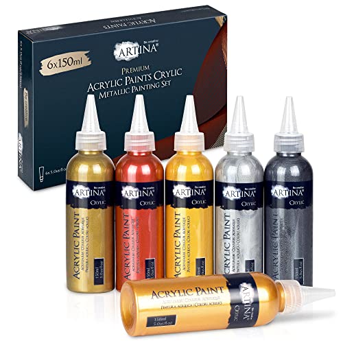 Artina Set de Pinturas Acrílicas Metalizadas 6x150ml Metallic Crylic – Colores Acrílicas Metálicos Vibrantes en Dorado, Plata, Bronce, Cobre con Brillo Metálico –Papel Madera Papel Lienzo