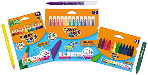 BIC Kids Set de Colorear para Niños Menores de 5 Años con Lápices Evolution ECOlutions Triangle, Rotuladores Kid Couleur Baby y Ceras Plastidecor Triangle - Pack de 36 (12+12+12)