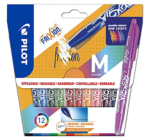 PILOT FriXion Ball - Funda de 12 bolígrafos borrables, de tinta termosensible, recargables, fabricados con plástico reciclado, 12 colores, punta media