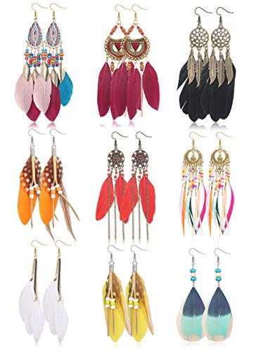 Milacolato 9 Pares de Pendientes de Plumas de Imitación Bohemios Para Mujer Pendientes Largos de Plumas de Colores étnicos Largos Pendientes Colgantes de Moda Día de San Valentín