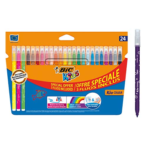 BIC Kids - Kid Couleur Rotuladores Punta Media, 24 Count (Pack of 1), Pack especial, Colores Surtidos