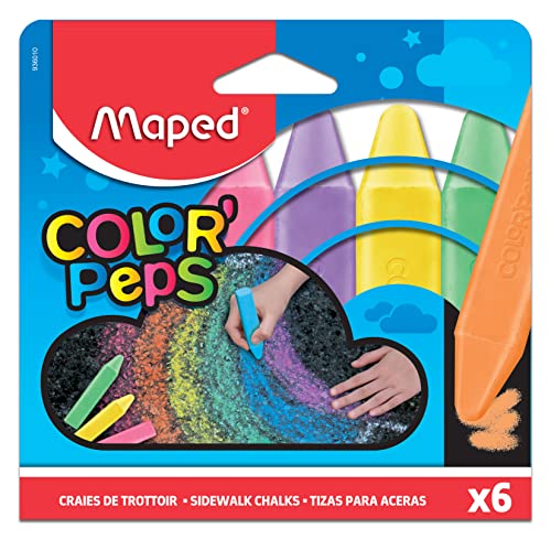 Maped - Tizas de Colores - Tizas para Aceras - 6 Tizas Grandes para Pintar en el Suelo - Ideal para Crear Dibujos - Indicadas para Asfalto - Se Elimina con Agua