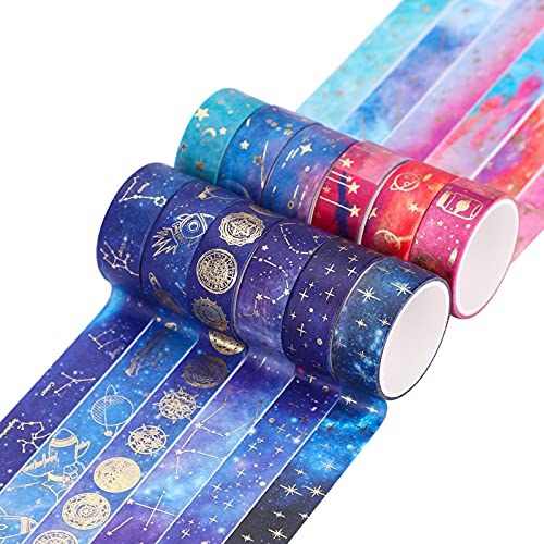 12 Rollos Cintas Adhesivas Washi Tape,Starry Sky Cinta Adhesiva Decorativa Lámina Dorada Masking Tape Set Cinta Decorativa Adhesiva Washi Tape Decorativa para Decoración y Manualidades 15 mm x 2 m