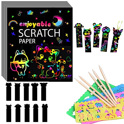 LauCentral [20+10] Papel de Rascar, Papel Scratch Art Manualidades Creativas Dibujar de Rascar para Arcoíris con Lápices, Creativo Kit de Manualidades de Papel de Arte de Rascar para Niños