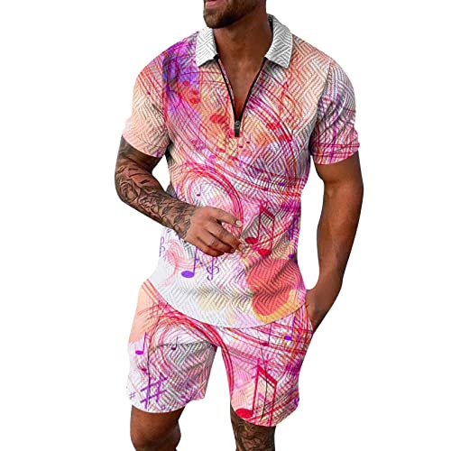 Mens Fashion Casual Musical Notes Printing Zipper Drawstring Shirt and Shorts Two Piece Suit Zip Marine, rosa, XXXL
