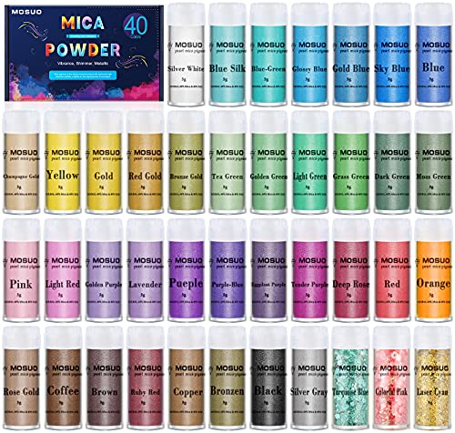 MOSUO Pigmentos en Polvo, 5g*40 Colores Natural Mica Tintes para teñir Resina Epoxi, Jabones, Cera, Pintura, Vela, Uñas, Cosmético y Arte de Bricolaje - Metalizados Colorante