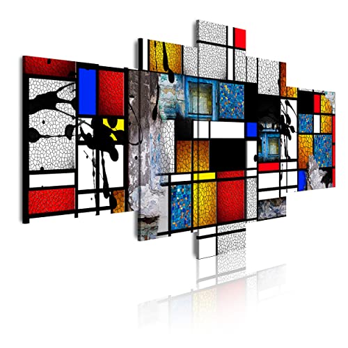 DekoArte 530 - Cuadros Modernos Impresión de Imagen Artística Digitalizada | Lienzo Decorativo Para Salón o Dormitorio | Estilo Abstractos Moderno Arte Mondrian Colores Rojo | 5 Piezas 180 x 85cm XXL