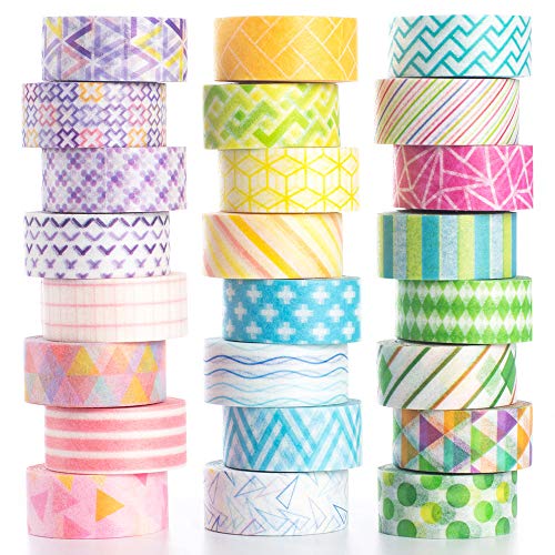 YUBBAEX - Washi Tape - Cinta decorativa para manualidades, en tonos pastel, envoltura de regalos, suministros para álbumes de recortes (24 rollos con mini gráficos)