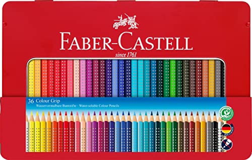 Faber-Castell 112435 - Estuche de metal con 36 lápices triangulares, escolares, de colores, con agarre Grip y acuarelables