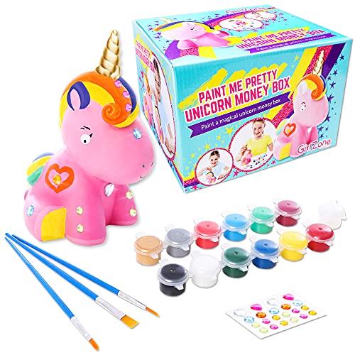 GirlZone Regalos para Niñas - Hucha Unicornio para Pintar - Kit Pintura para Niñas y Accesorios Infantiles -Pinceles, Colores y Gemas