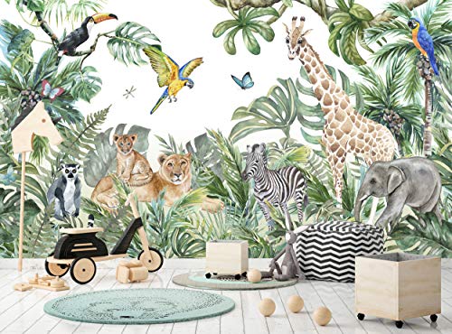 Papel pintado de la selva y animales para niños 366 cm de ancho x 254 cm de alto póster de decoración de pared de acuarela leones jirafa elefante
