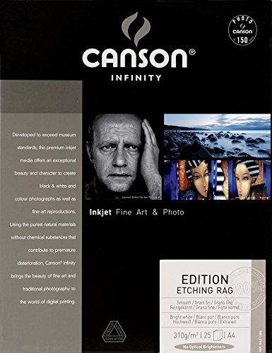 Canson Infinity Edition Etching Rag, Digital Art Reproduction, Suave, 310g, Hoja, A4-21x29,7cm, Blanco puro, 25 Hojas