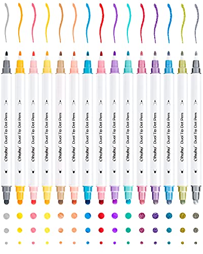 Bolígrafos de puntos, 15 colores metálicos Ohuhu, puntas dobles (finas y de puntos), marcadores de puntos, tinta a base de agua para llevar un diario, resaltar, hacer álbumes de recortes