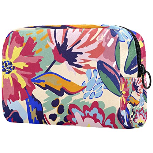 Bolsa de cosm閠icos de viaje con estampado floral abstracto pintado a mano para mujeres y ni馻s, bolsa de maquillaje peque馻 con cremallera organizador de art韈ulos de tocador, Color1