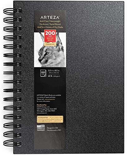 Arteza Cuaderno de dibujo, 5.5x8.5” (14 x 21,6 cm), bloc de dibujo, 100 hojas, papel grueso 100 GSM, tapa dura color negro, espiral, para lápices de colores y grafito, carbón, bolígrafo y medios secos